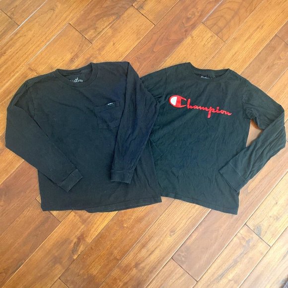 O'NEILL & CHAMPION BOYS BLACK LONG SLEEVE TEE LOGO SHIRT BUNDLE SIZE M 10/12 - Picture 1 of 8